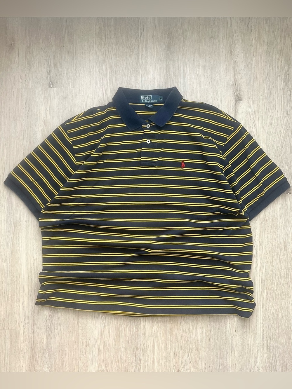 Vintage 90s Polo Ralph Lauren Striped Polo Shirt Mens XL Yellow Navy Preppy